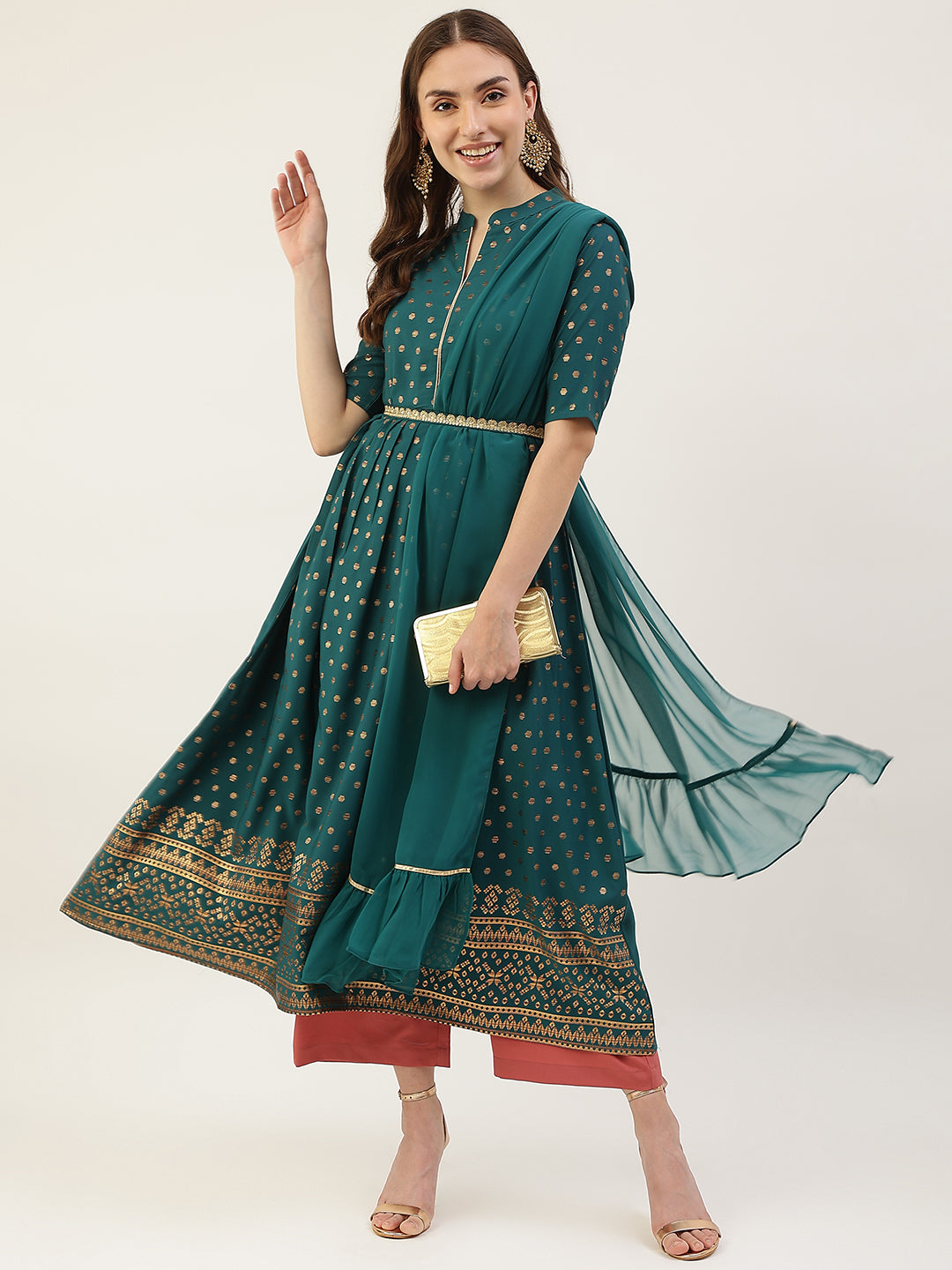 FIORRA Women's Sea Green Poly Crepe Kurta with Dupatta